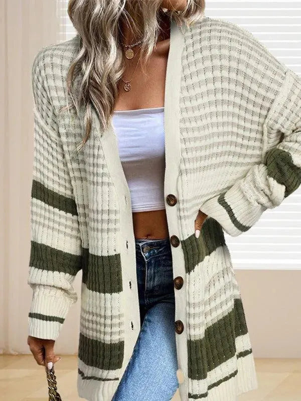 Women’s Striped Knit Cardigan Sweater – V-Neck Button Style