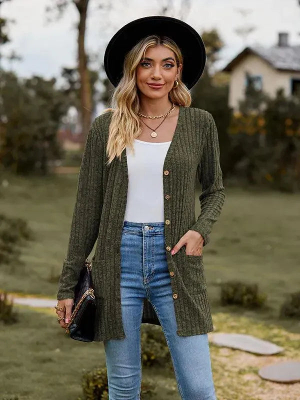 Women’s Textured Longline Cardigan Sweater – V-Neck Button Knit