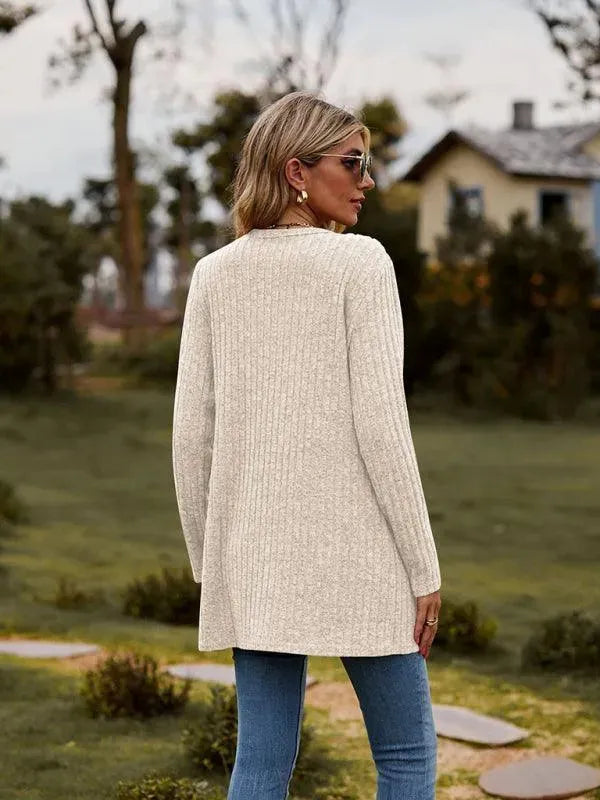 Women’s Textured Longline Cardigan Sweater – V-Neck Button Knit
